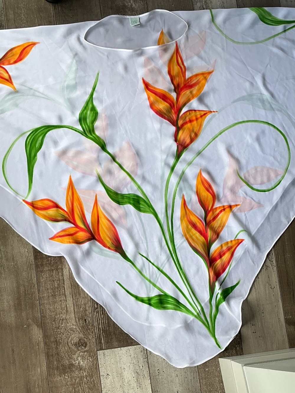 White Floral Hand-Painted Poncho Cover-Up with Orange & Green Leaves